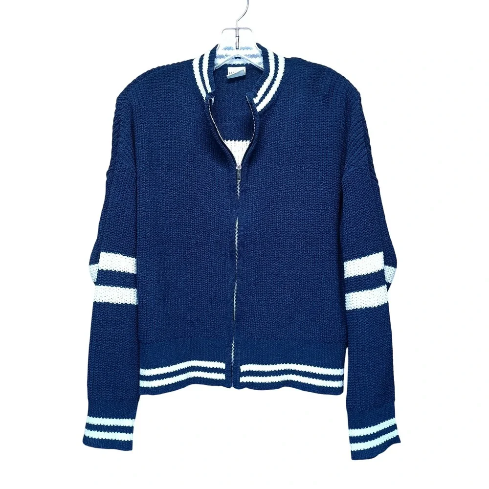 Nikka K Womens L Varsity Cardigan‎ Sweater Navy Blue Full Zip Embroidered NWT